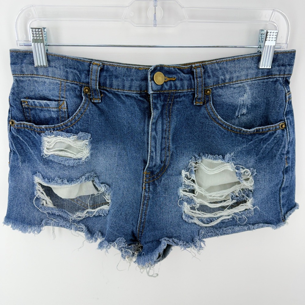 Forever 21 Distressed Denim Jean Shorts Medium Wash High Rise Frayed Hem Size 28